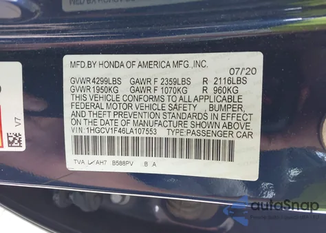 2020 Honda Accord Ex z USA, uszkodzony, nr VIN 1HGCV1F46LA107553